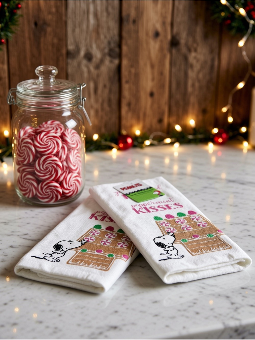 🆕PEANUTS SNOOPY  PEPPERMINT KISSES SET OF 2 HOLIDAY KITCHEN TOWELS